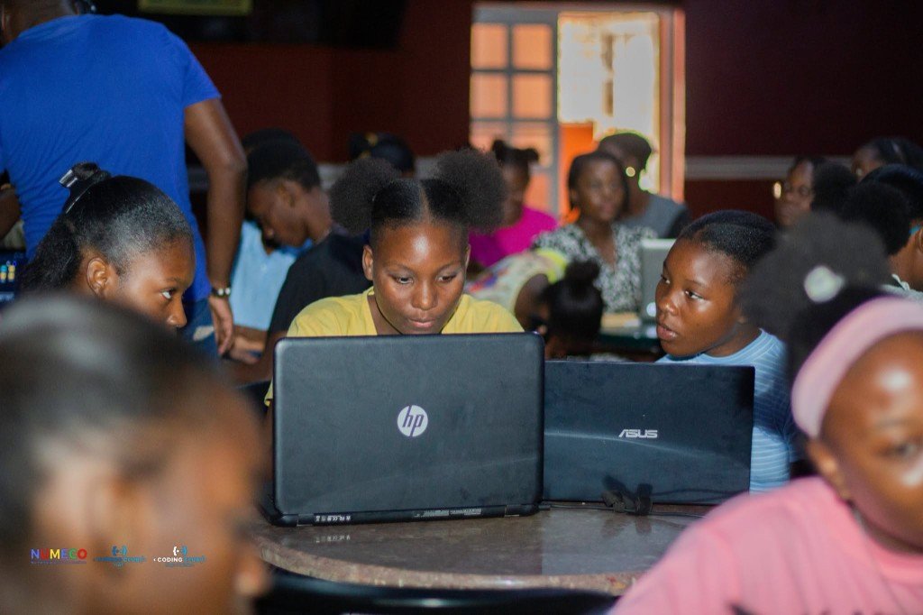 Jeunes filles autour d’ordinateurs pendant un atelier